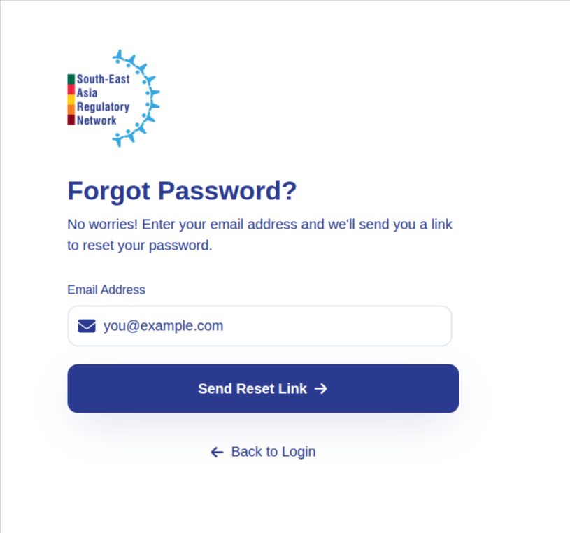 Forgot Password screen with email address field and Send Reset Link button