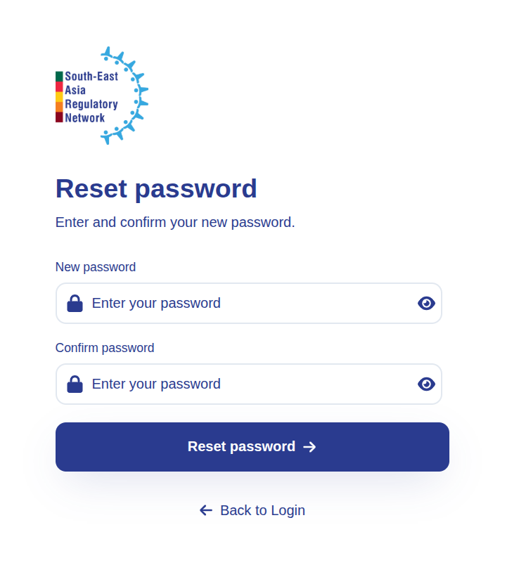 Reset password screen with New password and Confirm password fields