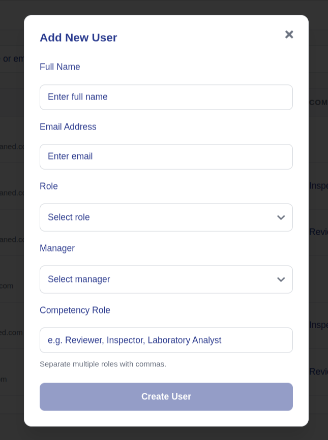 Add User form showing name, email, role, manager and competency role