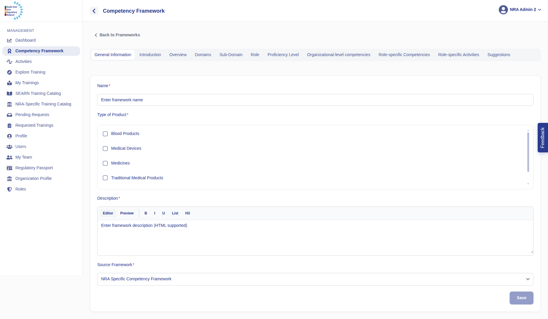 NRA-Specific Competency Framework creation wizard