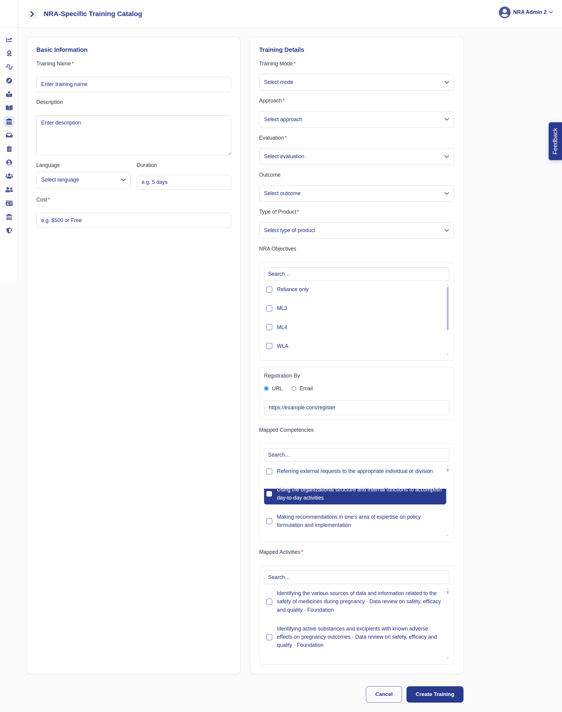 Create Training form with name, description, language, activities and competencies