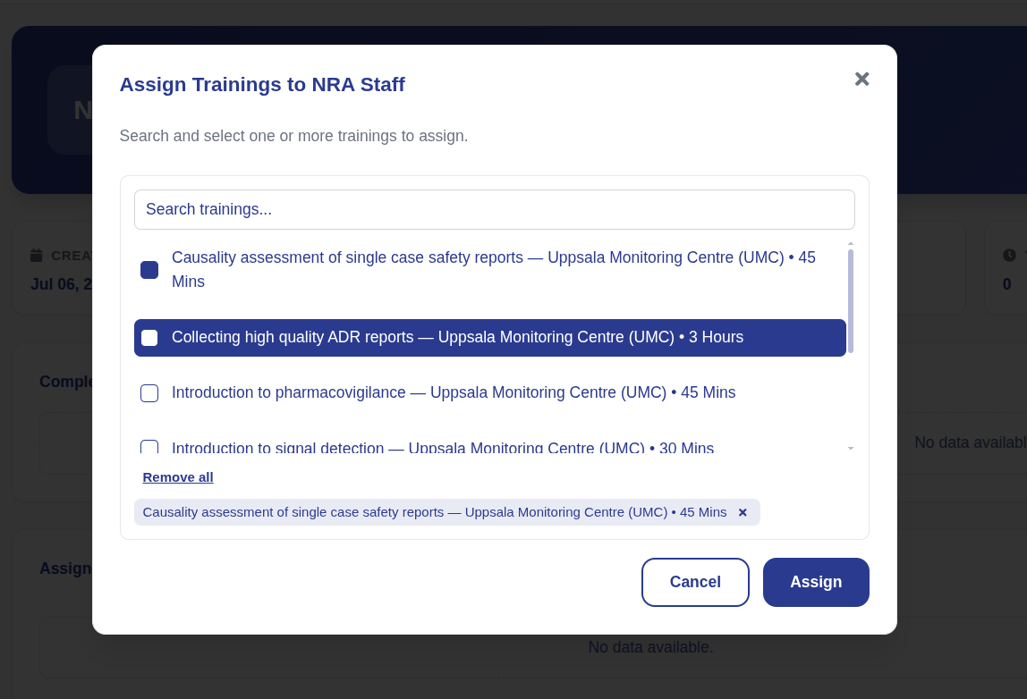 Assign Training dialog with the selectable list of trainings