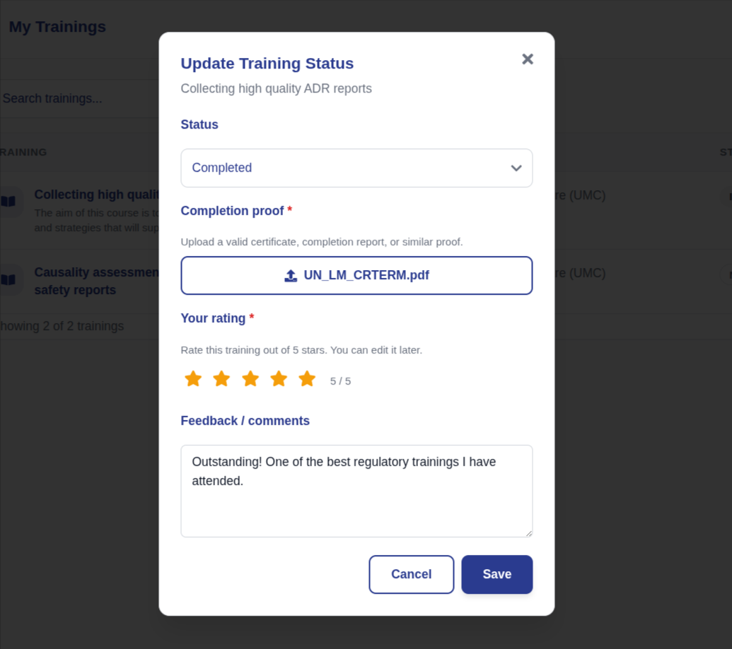 Status editor with the Completed option, upload button and rating