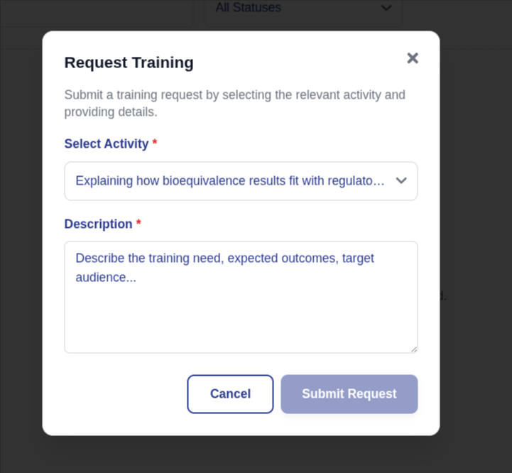 Request Training form with activity and description fields