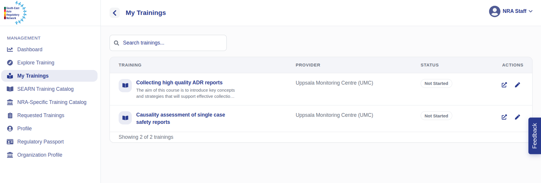 My Training list showing the access-link icon on a training row