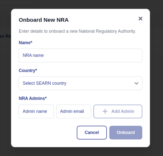 Add NRA form with Country, Organization Name and Admin fields